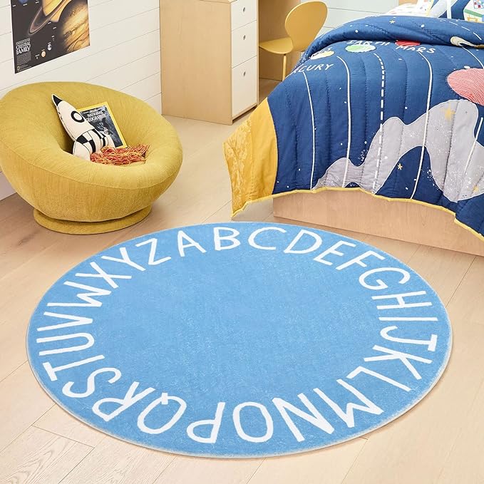 Topotdor Round Kids Play Rug Alphabet Nursery Area Rug Extra Large Soft Crawling Play Mat for Children Toddlers Bedroom (63 inch, Sky Blue)