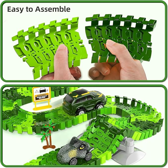 144 Pieces Dinosaur Toys Car Race Tracks Sets for Kids 3 4 5 6 7 8 Years Old - Flexible Tracks Playset with Kids Dinosaur, Electronic Toy Cars for Boys, Birthday Gifts for Toys Toddlers 3-5