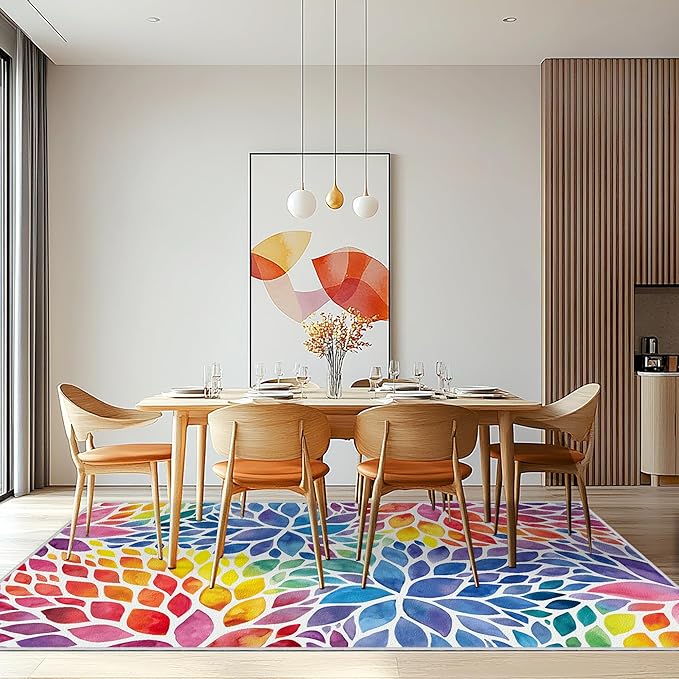 Abstract Colorful 8x10 Area Rug Modern Rainbow Dahlia Floral Rugs Multicolor Kids Area Rugs, Non-Slip Machine Washable Floor Carpet for Bedroom Living Room Playroom Classroom Dorm Office 8' x 10'