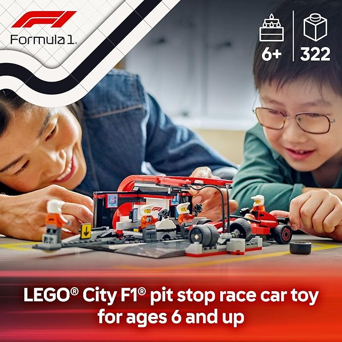 LEGO City F1 Pit Stop & Pit Crew with Ferrari Car Toy - Model Race Car Toy Building Playset for Kids, Boys and Girls, Ages 6+ - F1 Collectible for Fans - Gift Idea for Birthdays - 60443