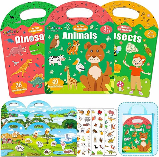 Reusable Sticker Books for Kids, 3 Sets Jelly Quiet Book, 126 Pcs Restickable Stickers for Kids, Preschool Learning Activities for Toddler Airplane Travel Essentials for Girls Boys 2-6 Year