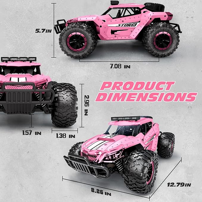 Tecnock Pink RC Car 1/16 Scale Remote Control Car for Girls, High Speed 20 Km/h All Terrains Rc Monster Truck with Two Rechargeable Batteries & Head Chassis Lights Gift Toy for Kids Adults