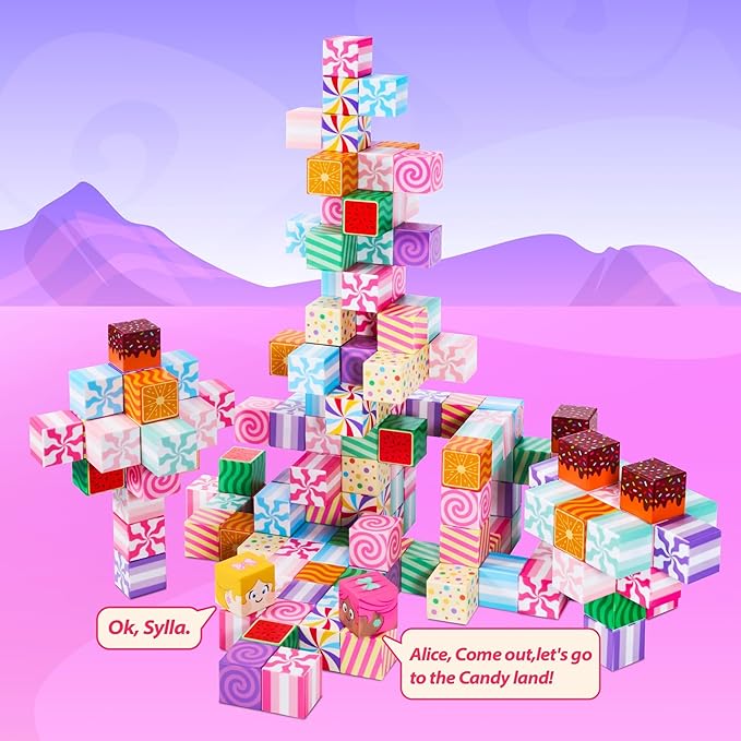 Magnetic Blocks Candy Land Edition, Magnetic Tiles Building Blocks Boys & Girls Toys Age 3-5 4-8 5-7 Sensory Gift for Kids，Magnets Cubes，Upgraded STEM Gift 1.2 Inches
