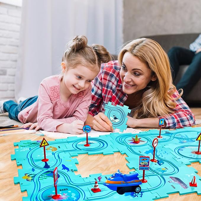 4 Year Old Boy Birthday Gift, Puzzle Racer Kids Car Track Set Puzzle Racer Car Track Set with Roadmap Puzzle Track Car Play Set Toys for 4 Year Old Boys (A-Oceans, Set1-25pcs)