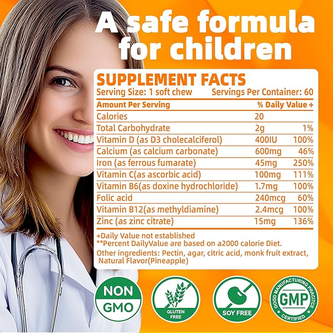 Iron Soft Chews Supplement with Vitamin C | Orange Flavored | Gluten Free | Iron Supplement for Women Men and Kids | 60 Count | 2 Month Supply