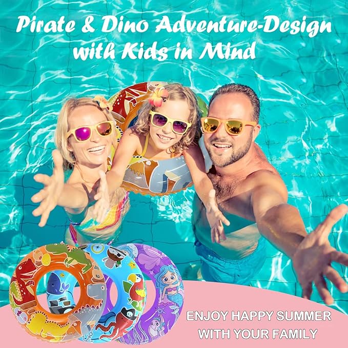 3-Pack Kids Pool Floats with Dinosaur/Pirate/Mermaid Design – Pool Toys for Toddler, 27.5“ Inflatable Swim Rings, Inner Tube for Floating Age 3-8，Premium Floaties & Water Toys for Summer Beach Party