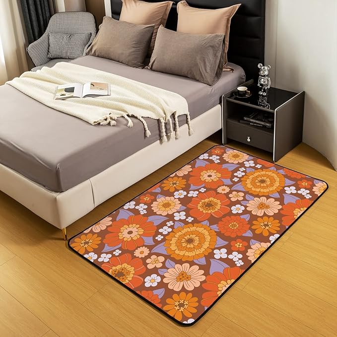 Erosebridal 70S Groovy Flowers Boho Area Rug 4x5 Hippie Vintage Floral Decorative Rug Retro Sunflowers Dahlias Carpet for Girls Teen Women,Psychedelic Aesthetic Colorful Washable Rug