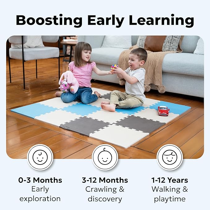 MioTetto Foam Floor Tiles for Kids - Non-Toxic Soft Comfortable Baby Play Mat, Thick Tummy Time Mat, Interlocking Foam Tiles for Development & Crawling, Soft Cushioned Play mat for Babies 6-12 Months