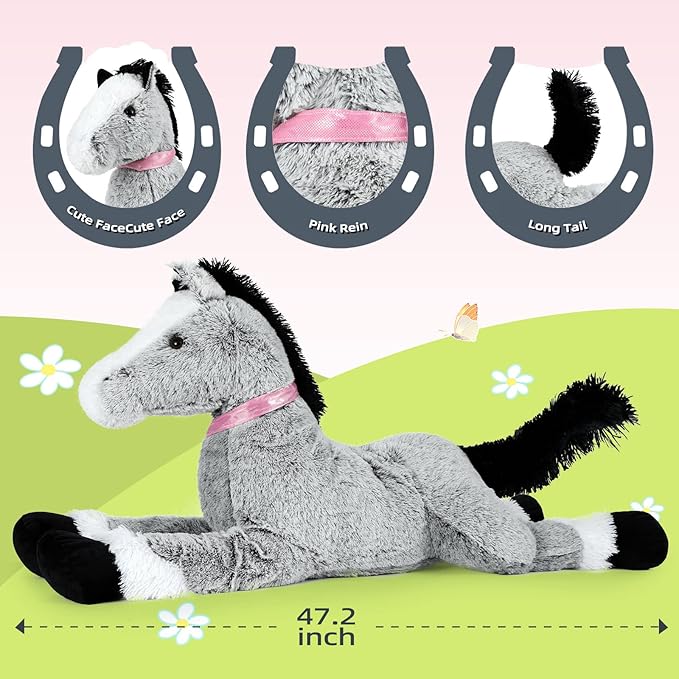MaoGoLan Large Horse Stuffed Animal for Girls, Big Plush Toy, Jumbo 4 Feet Ridable Pony Plush Pillow for Kids