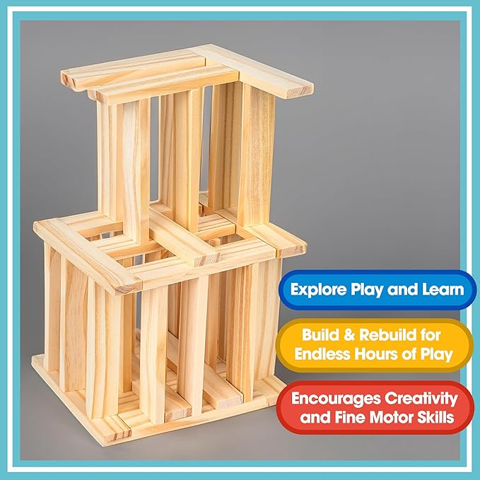 Wooden Building Blocks Set - 200-Piece Plank Block Construction Toys, STEM Educational Wood Toy for Kids and Toddlers
