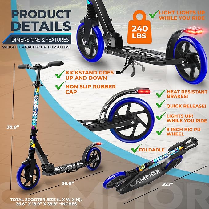 Kick Scooter for Ages 6+, for Kids, Teens, and Adults, Max Load 240 LBS, Foldable, 8-inch Big Wheels for Kids and Adults, with Kickstand, 3 Adjustable Levels, Child Safety Approved, Tree