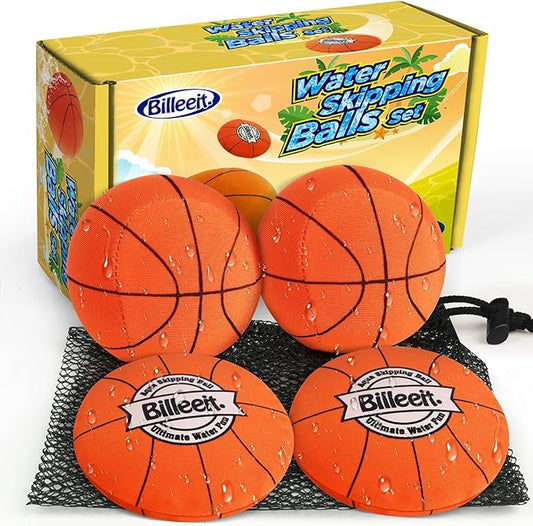 4Pcs Water Skipping Balls for Pool Play(Basketball Theme), Water Pool Beach Swim Toys for Kids Ages 4-8, 8-12 and Adults, Include 2 Balls and 2 Discs