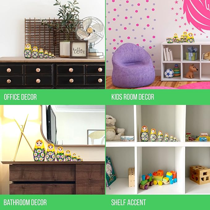 AEVVV Russian Matryoshka Dolls Set of 7 pcs - Russian Dolls in Sarafan Dress with Hand Painted Chamomile and Lilac Flowers - Russian Matreshka