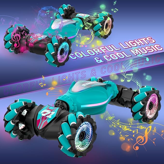 Gesture RC Cars, Hand Controlled Stunt Car for 6-12 yr Boys Girls, 2.4GHz Gesture Sensor Remote Control Cars, 4WD Double Sided Stunt RC Twist Car with Light Music for Kids Birthday Xmas Gift