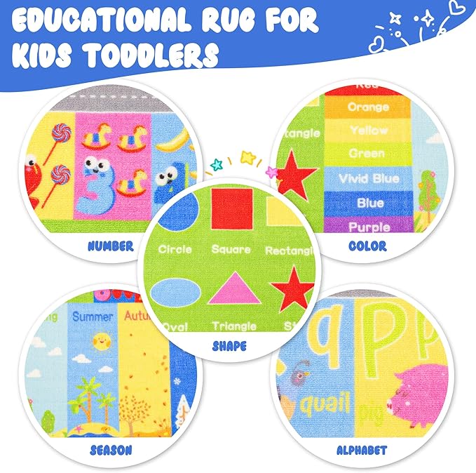 Kids Rug for Playroom Classroom, ABC Alphabet Numbers Play Toddlers Rugs, 4x6 Learning Educational Bedroom Floor Mat, Washable Baby Carpet for Boys Room, Nursery, Preschool, Daycare
