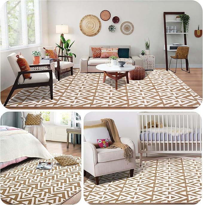 Ompaa Ultra Soft Shaggy Rugs Memory Foam Bedroom Carpet, Beige 6 x 9 Feet, Plush Geometric Textured Area Rugs for Living Room Couch Dorm Bedside Kids Girls Teens Room Nursery Decor Floor Mat