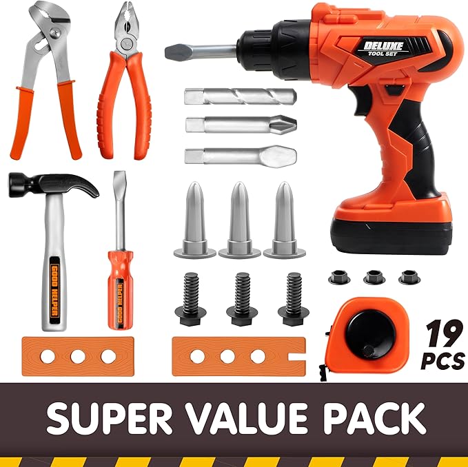 JOYIN 19Pcs Kids Tool Set, Construction Belt & Electronic Drill, Pretend Role Play Toddler Power Toy for Boys Girls Birthday Gifts Outdoor Preschool Ages 3 4 5 6 7 Years Old
