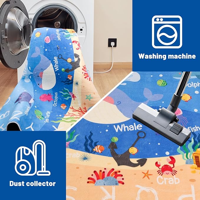 Kids Rugs for Playroom, 118.1"X94.4", ABC Alphabet Whale Kids Rug, Non-Slip, Washable, Educational