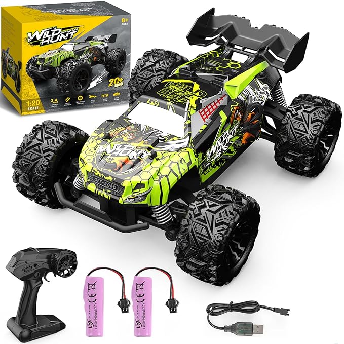 1/20 All Terrain RC Car, 20+KMH Monster Truck, 2.4Ghz Off-Road RC Vehicle with 2 Batteries, Suitable for Adults and Beginners, for Boys and Girls (Green)