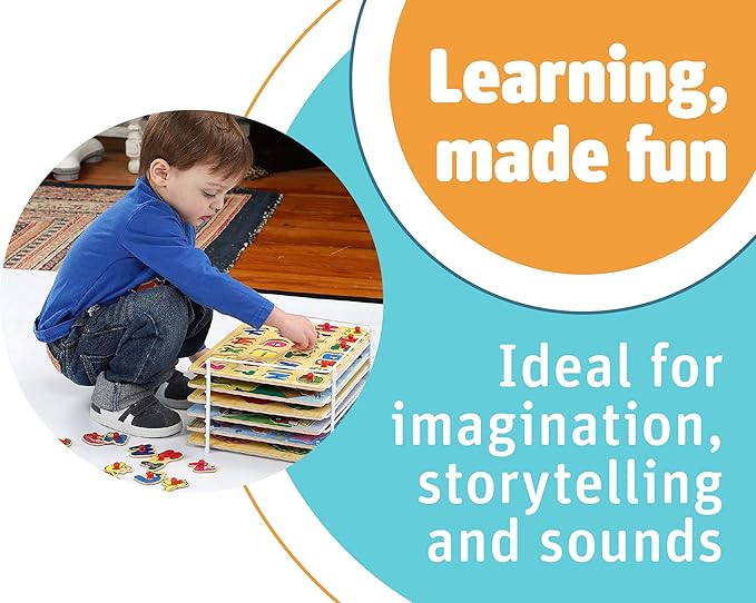 Etna Products Wooden Puzzles Set, Includes 6 Educational Puzzles and Wire Storage Rack - ABC, Numbers, Shapes, Vehicles and Animals - For Kids Age 3 Plus