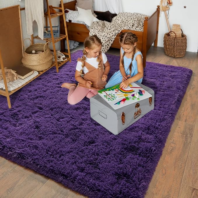 Super Fluffy Rug for Bedroom, 4x6 Feet, Modern Shag Purple Area Rugs, Soft and Cozy Plush Carpet for Kids,Girls Boys and Teens Decorations for Living Room Dorm Nursery Classroom, Purple