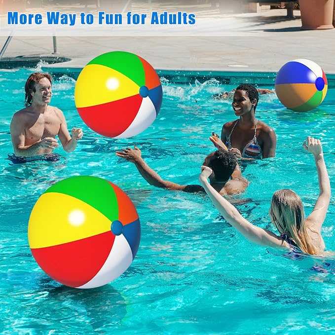 24 inch Beach Balls Bulk, 3 Pack Beach Balls for Kids, Reusable Inflatable Beach Ball for Summer Beach Outdoor or Indoor