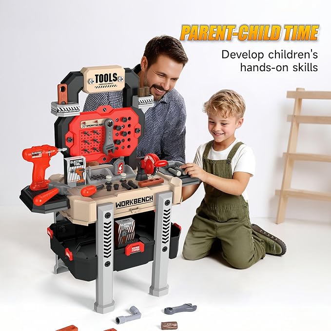 Kids Tool Bench with 138 Realistic Tools, Electric Drill, Stickers - Pretend Play Learning Gift for Boys & Girls Age 3-5