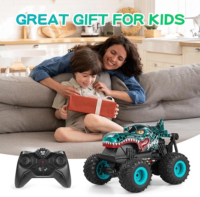 Remote Control Car, 2.4Ghz All Terrain Dinosaur Monster Truck Toys, RC Truck with Music, 3 Lighting Effects, 360 Stunt Capable, All Included Ready to Run, Toy Gifts for Boys and Girls (Cyan)