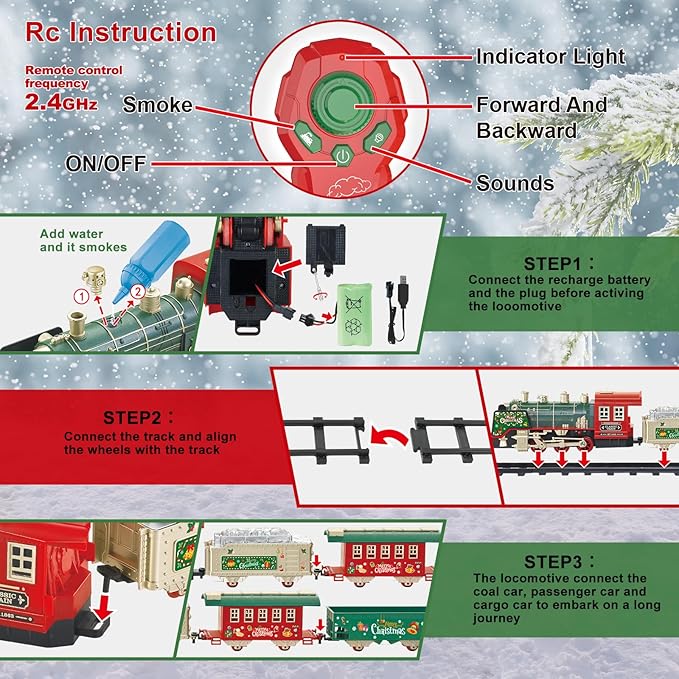 JUQU Christmas Train Set with Remote Control, Smoke, Whistle & Lights, Perfect for Around the Tree, Boys' Toy Train Set, Ages 3-8