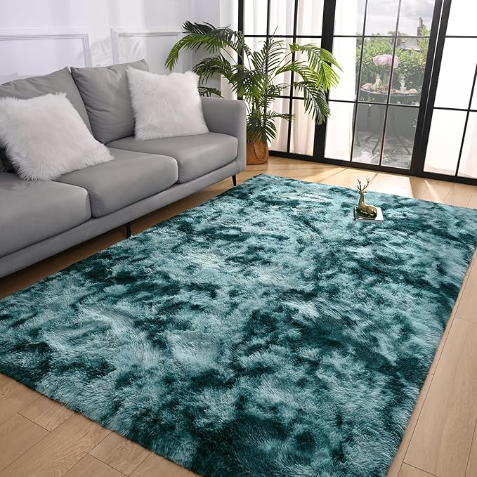 Pettop Fluffy Tie-Dye Peacock Blue Rug for Bedroom Living Room, 5x8 Feet Super Soft Shaggy Plush Fuzzy Rugs for Girls Kids Boys, Non-Slip and Washable Rug for Nursery Classroom, Carpet for Rooms Decor