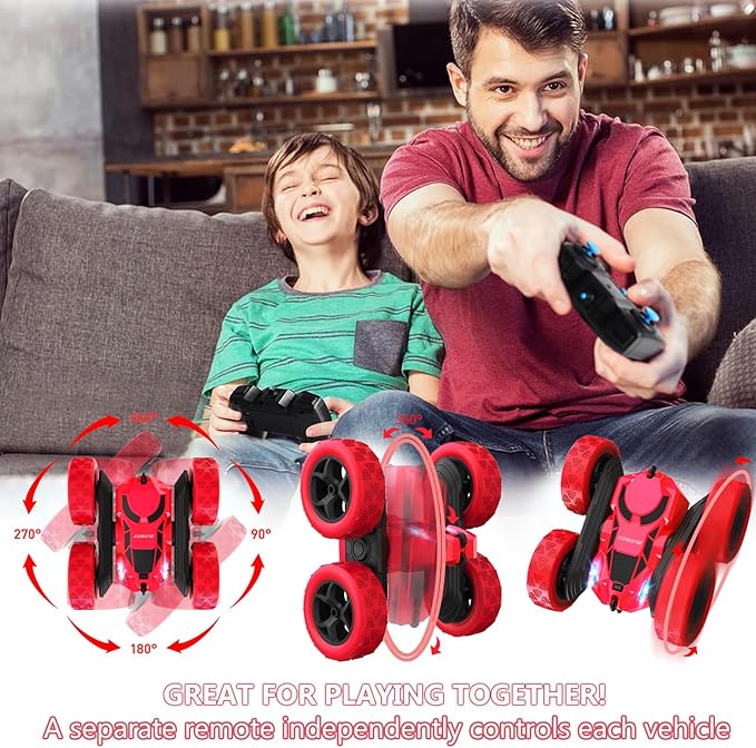 Remote Control Car for Boys - Car Toy for Kids Age 6 7 8 9, 4WD 2.4Ghz Double Sided 360° Rotating RC Cars with Headlights, Christmas Birthday for Boys and Girls - Red