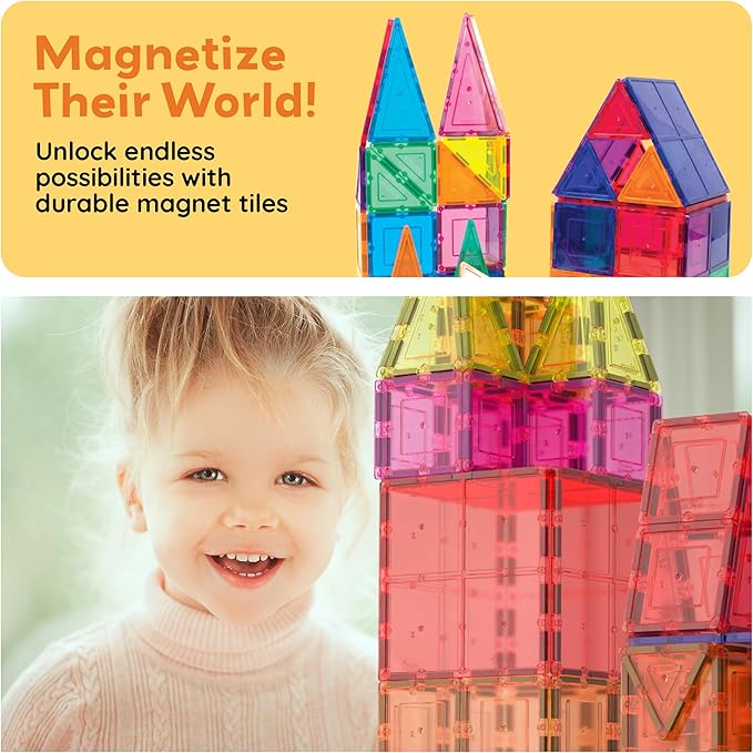 PicassoTiles 60 Piece Set 60pcs Magnet Building Tiles Clear Magnetic 3D Blocks Construction Playboards - Creativity beyond Imagination, Inspirational, Recreational, Educational, Conventional