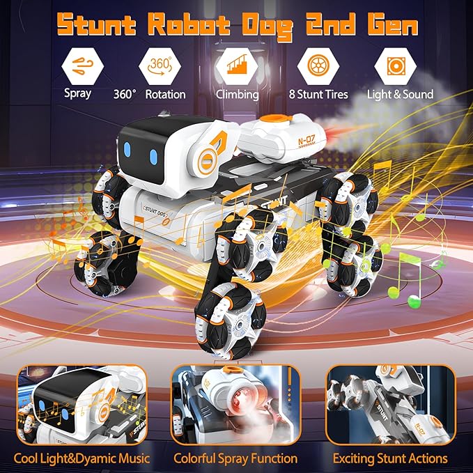 Robot Dog Toy for Kids,2.4Ghz Remote Control Dog Stunt Robot Dog 2nd Gen Remote Control Cars Stunt Rc Cars with Light & Sound Toys Christmas Birthday Gifts for 6 7 8 9 10 11 12 Year Old Boys (white)