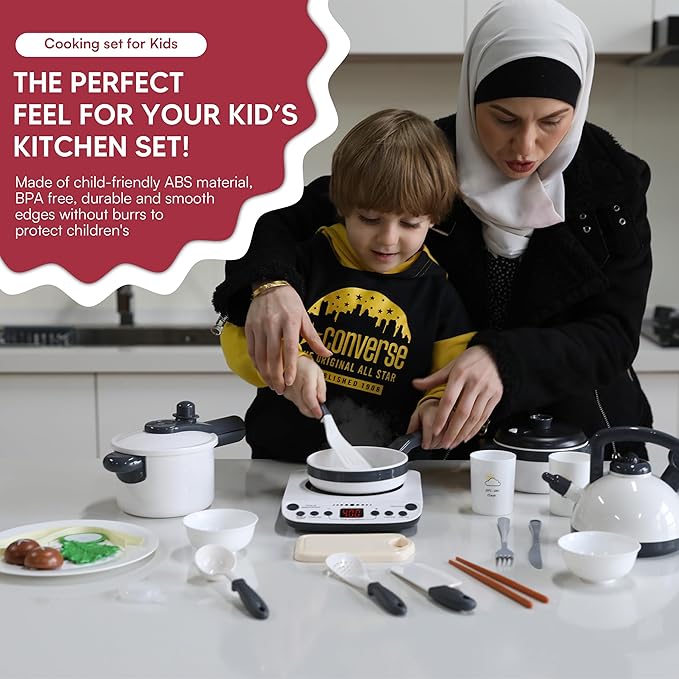 Kids Kitchen Playset - Realistic Steaming Pan, Pretend Stove Toy Set with Play Kitchen Accessories - With Fruits, Vegetables, Kettle, Frying Pan, Cook Pot, Pressure Cooker - For Children Ages 3+ Years