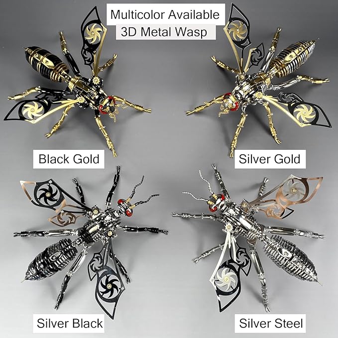 3D Metal Puzzles for Adults: Northern Giant Hornet Metal Model Kits, 3D Metal Puzzle Mechanical Wasp Building Blocks, Difficult DIY for Assembly, Birthday Gifts for Men (3D Metal Wasp-Silver Gold)