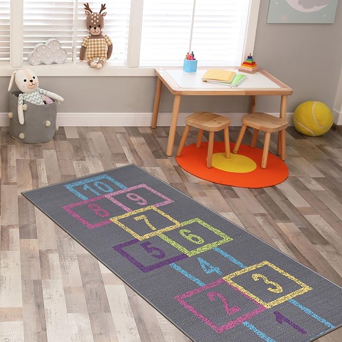 Ottomanson 2'7" x 6' Hopscotch Kids Rug - Play Mat for Playroom, Bedroom, Daycare & Classroom - Fun & Interactive Game Carpet - Durable and Non-Slip - Perfect for Learning & High-Traffic Areas, Gray