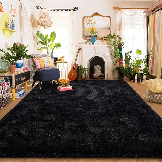 Amearea Shag Fluffy Area Rug for Bedroom Girls Living Room, Extra Soft and Fuzzy Shaggy Rugs, Non Slip, Solid Color Carpet Mat for Boys Nursery Home, Black 6x9 Feet
