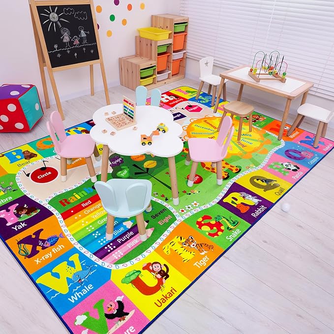 Playroom Rug Baby Play Mat for Floor ABC Rug for Kids Educational and Fun Playmat with Alphabet Animals Shapes Colors 5x7 Area Rug Learning Rugs for Toddler Children Game Activity