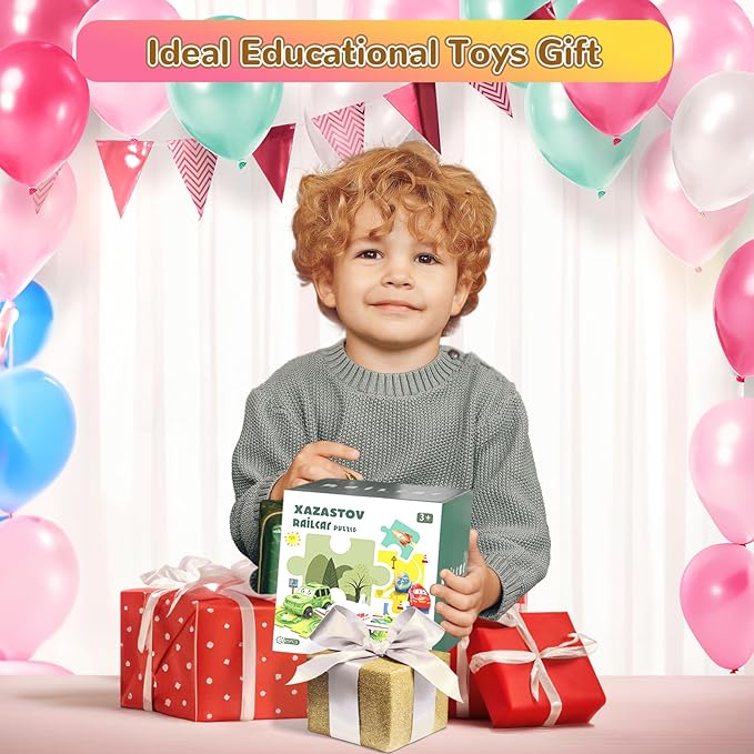 Plastic Floor Puzzles for Kids Ages 3-5, Puzzle Track Car Play Set, Educational Montessori Toys for 3 4 5 6 Year Old Boys, 3 4 5 6 Year Old Boy Birthday Gift, Boy Toys Age 3