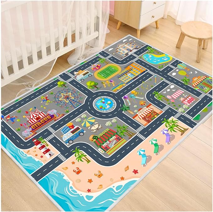 Kids Carpet Playmat Car Rug, Car Rug for Kids Toy Cars and Train, Non Slip Play Mat for Playroom Kids Room, City Life Educational Road Traffic Carpet for Classroom Nursery(Grey,79×118in)