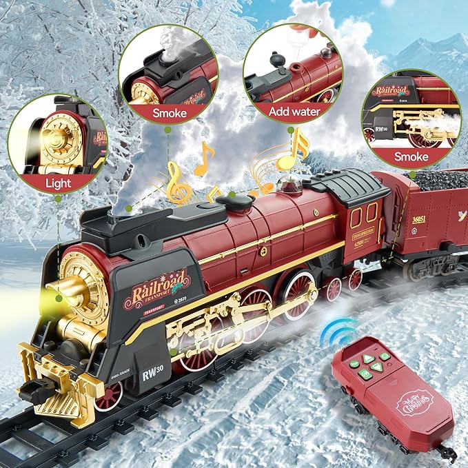 Train Set with Gift Case and Remote Control, Train Toys with Smoke, Light and Sound, Christmas Train Sets for Around The Tree, Toy Train Set for 3 4 5 6 7 8+ Years Old Boys Toddlers Gifts