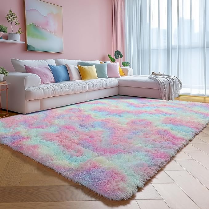 Amdrebio Rainbow Fluffy Kids Rugs for Girls Bedroom, Unicorn Room Decor, 5x7 Colorful Pastel Shag Area Rugs for Playroom Nursery Classroom, Cute Fuzzy Kawaii Princess Carpet for Baby Toddler Teen