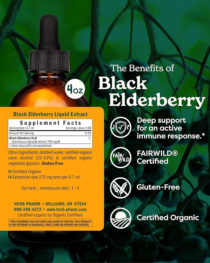 Herb Pharm Certified Organic Black Elderberry Liquid Extract for Immune System Support, Organic Cane Alcohol, 4 Ounce