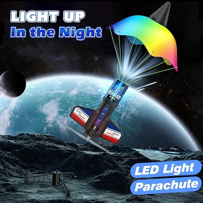 Rocket Launcher for Kids Automatic Launch 200 Feet Air Rocket Toy for Boy 10 Years Old Motorized Air Rocket with Safety Parachute and LED Outdoor Rocket Kits Toys Gifts for Kids Age 5-12
