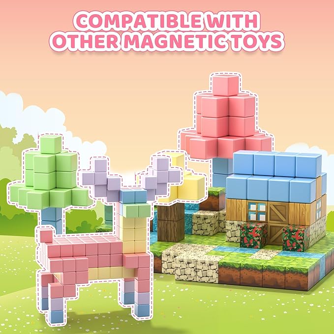 64PCS Magnetic Blocks Set, Magnet Building Blocks with Toy Figurine and Storage Bag for Kids Gifts, STEM Educational Preschool Sensory Toys for Toddlers Boys Girls Ages 3 4 5 6 7 8 +(Macaron Color)