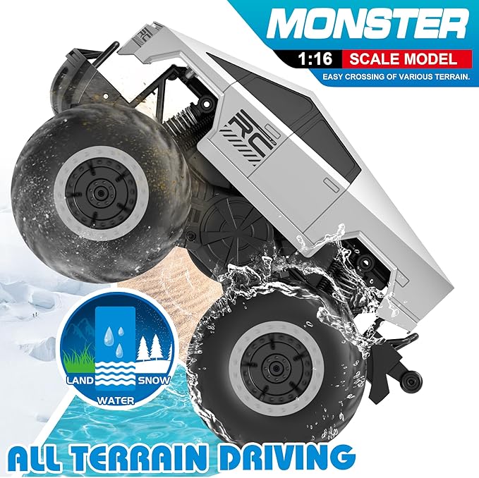 GoBang 1:16 Waterproof Cyber Truck Toy RC Car Monster Truck Toys Amphibious Remote Control Cars 4WD All Terrain Off-Road Trucks Pickup for 6 7 8 9 10 11 12 Year Old Boys Girls Toys Gifts Presents