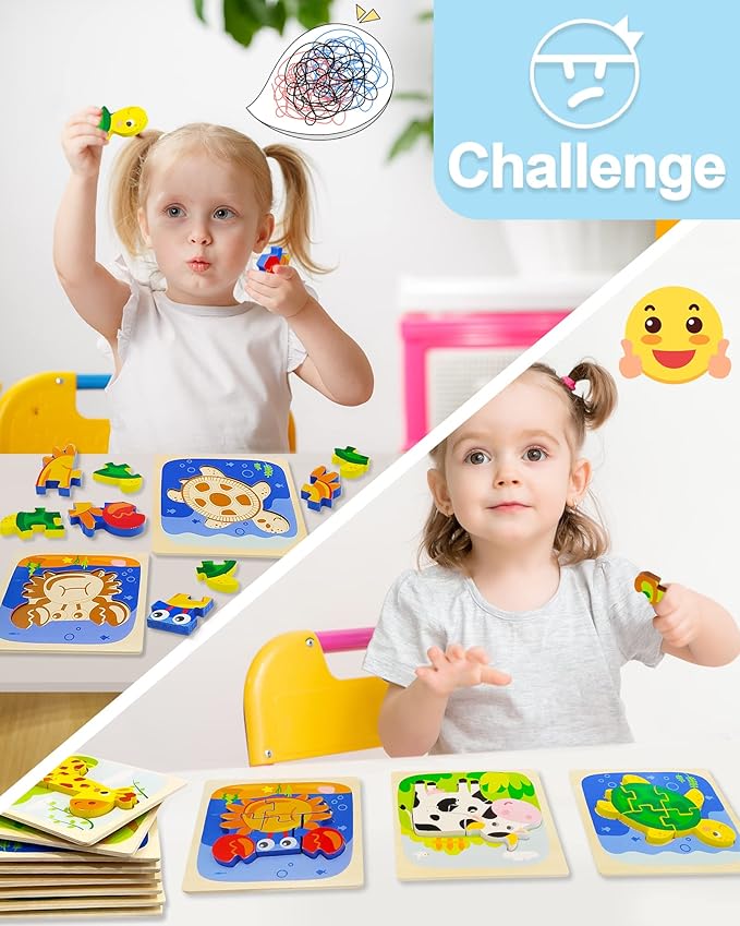 Benresive Wooden Toddler Puzzles Ages 1-3, Montessori Toys for 1 2 3 Year Old Boys Girls, 8 Pack Animal Toddler Toys Gifts for 1 2 3 Year Old Boys Girls, Learning Educational Preschool Puzzles