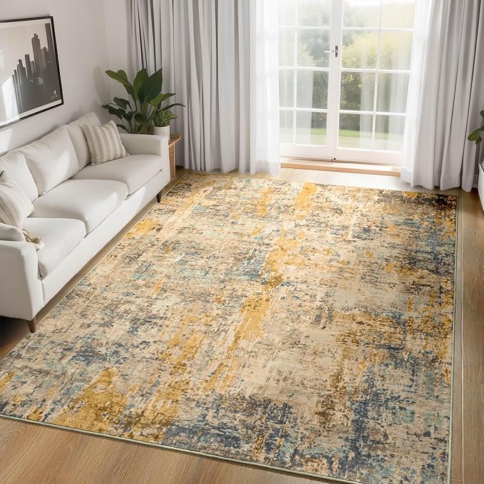 Ompaa Living Room Rug 5x7 Beige Area Rug Machine Washable Boho Rug Non Slip Abstract Vintage Indoor Large Rugs for Bedroom, Classroom, College Dorm, Farmhouse, Dining Room, Kids Playroom