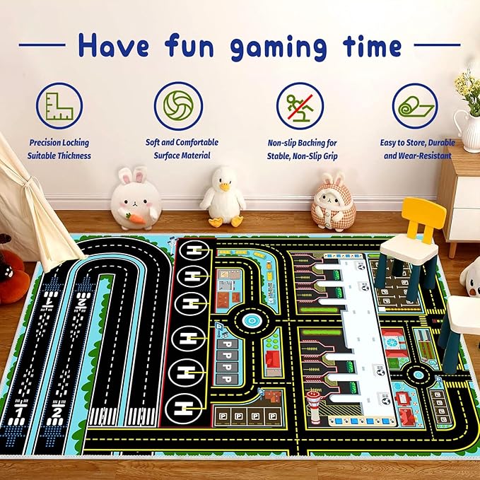 Kids Car Rug Carpet Playmat for Play Toy Cars, Airplane Road Airport Parking Track Rugs Carpet for Playroom Nursery Classroom Kids Room, Car Play Floor Mat Great Gift for Boy Girl 4x6ft