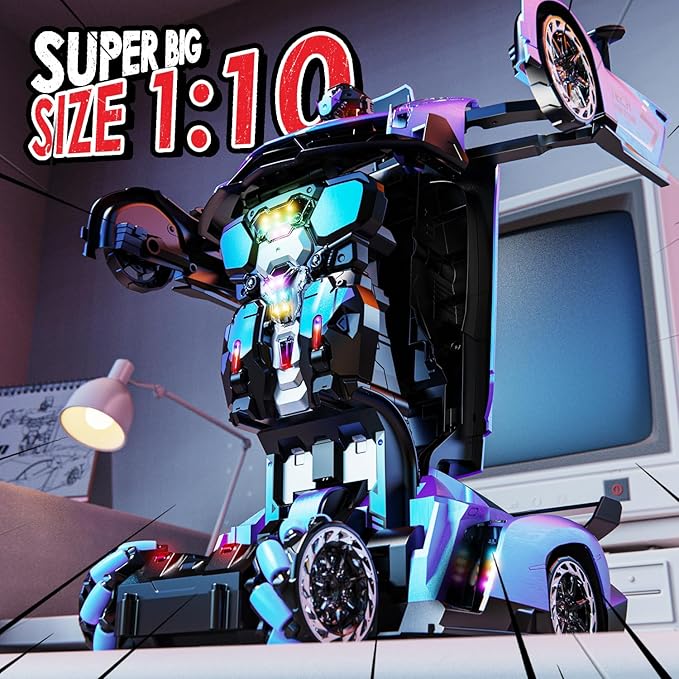 Holyton Transform Remote Control Car, Transform Robot RC Cars,1:10 Scale,Toy Car with STEM Programming,One-Button Robot, LED Lights,Sound Effects, Ideal Gift for 5 6 7 8 9 10 11 12 Years Old Boy